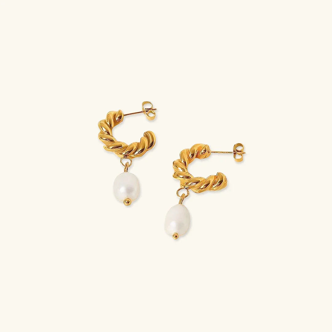 Gold-Plated Stainless Steel Twisted Faux Pearl Drop Earrings for Women