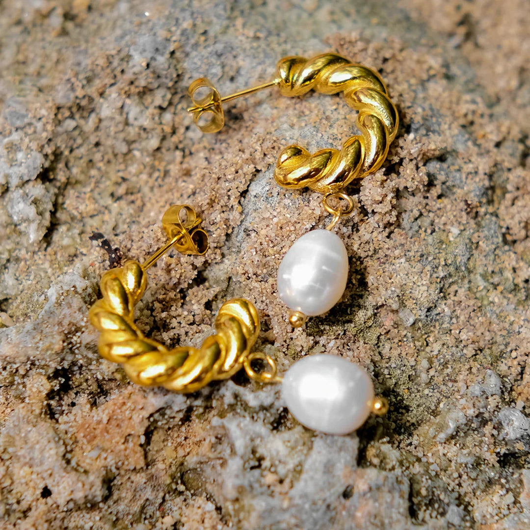 Gold-Plated Stainless Steel Twisted Faux Pearl Drop Earrings for Women