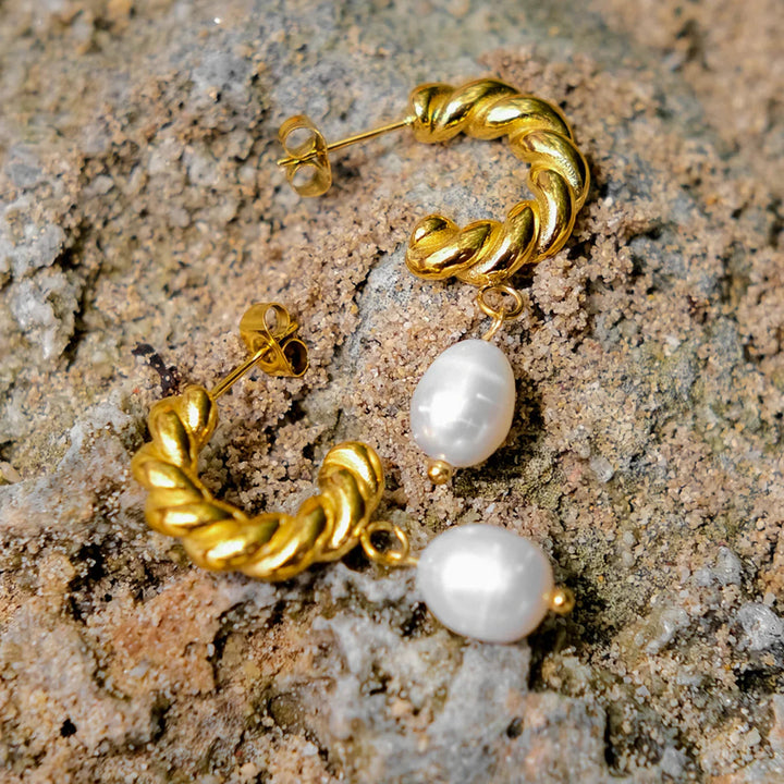 Gold-Plated Stainless Steel Twisted Faux Pearl Drop Earrings for Women