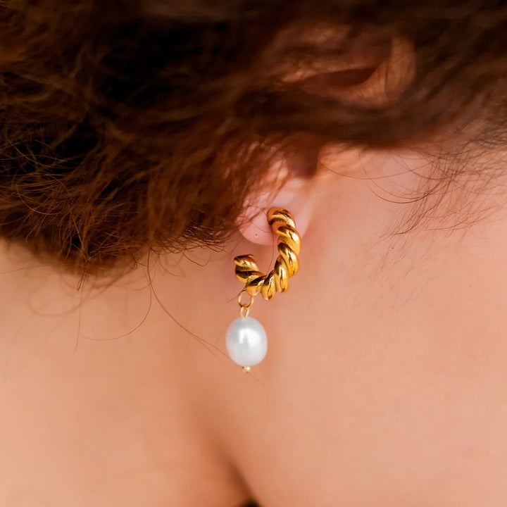 Gold-Plated Stainless Steel Twisted Faux Pearl Drop Earrings for Women