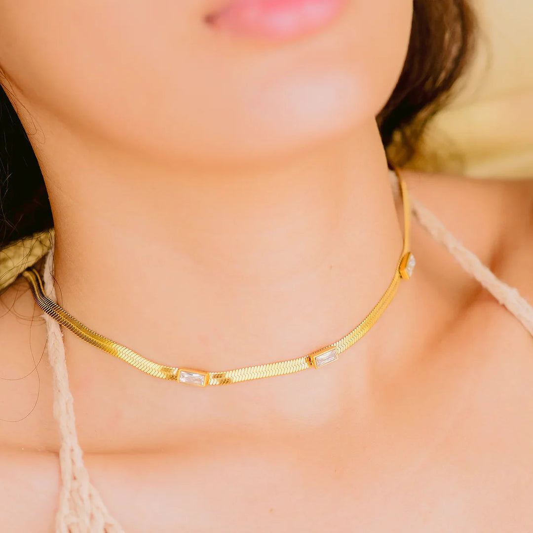 Gold-Plated Cubic Zirconia Herringbone Chain Necklace for Women