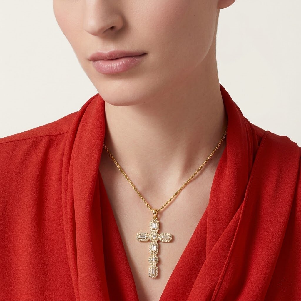 Gold Plated Cubic Zirconia Cross Pendant Necklace Women