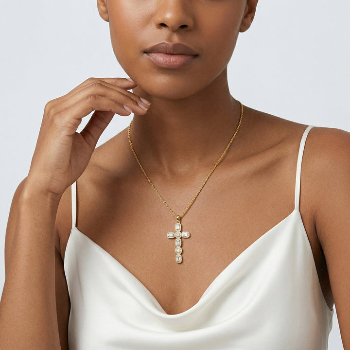 Gold Plated Cubic Zirconia Cross Pendant Necklace Women