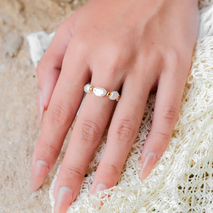 Gold-Plated Faux Pearl Beaded Ring