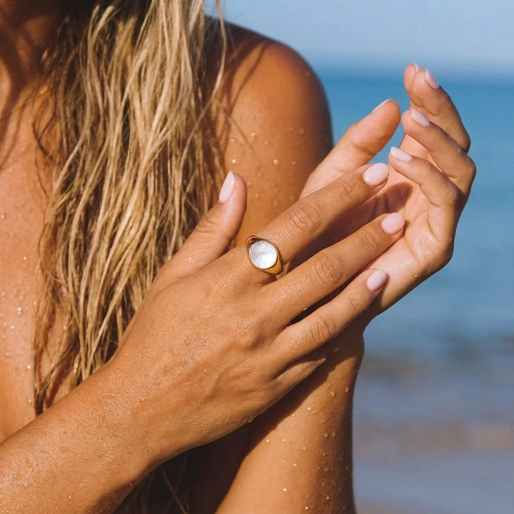 Gold-Plated Faux Pearl Signet Ring