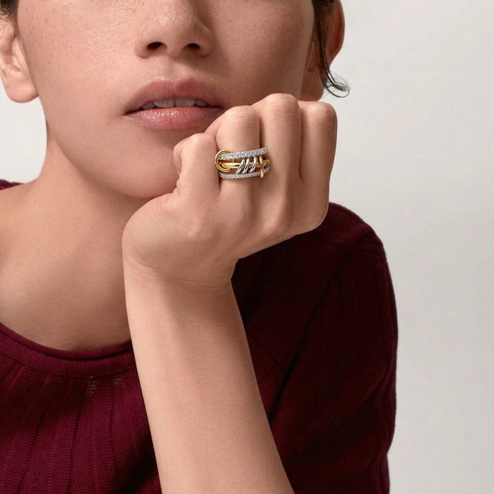 Gold-Plated Stacked CZ Ring with Silver-Tone Bands
