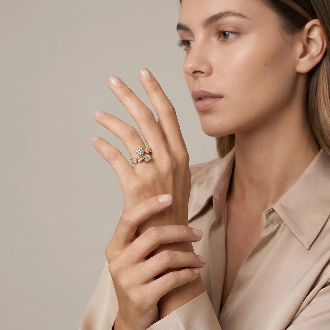Gold-Plated Adjustable Heart Ring with CZ Stones