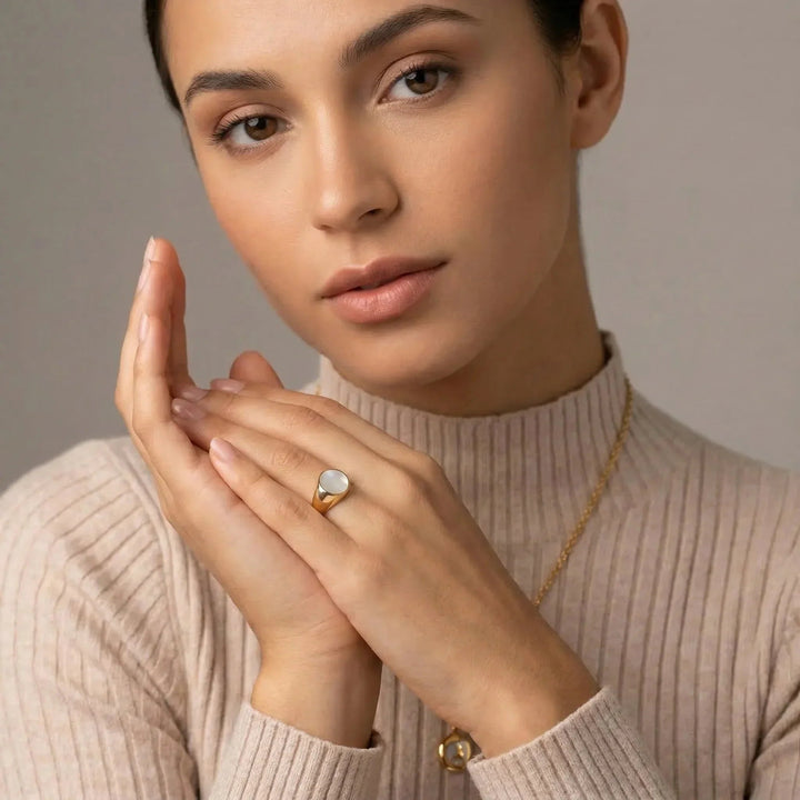 Gold-Plated Faux Pearl Signet Ring