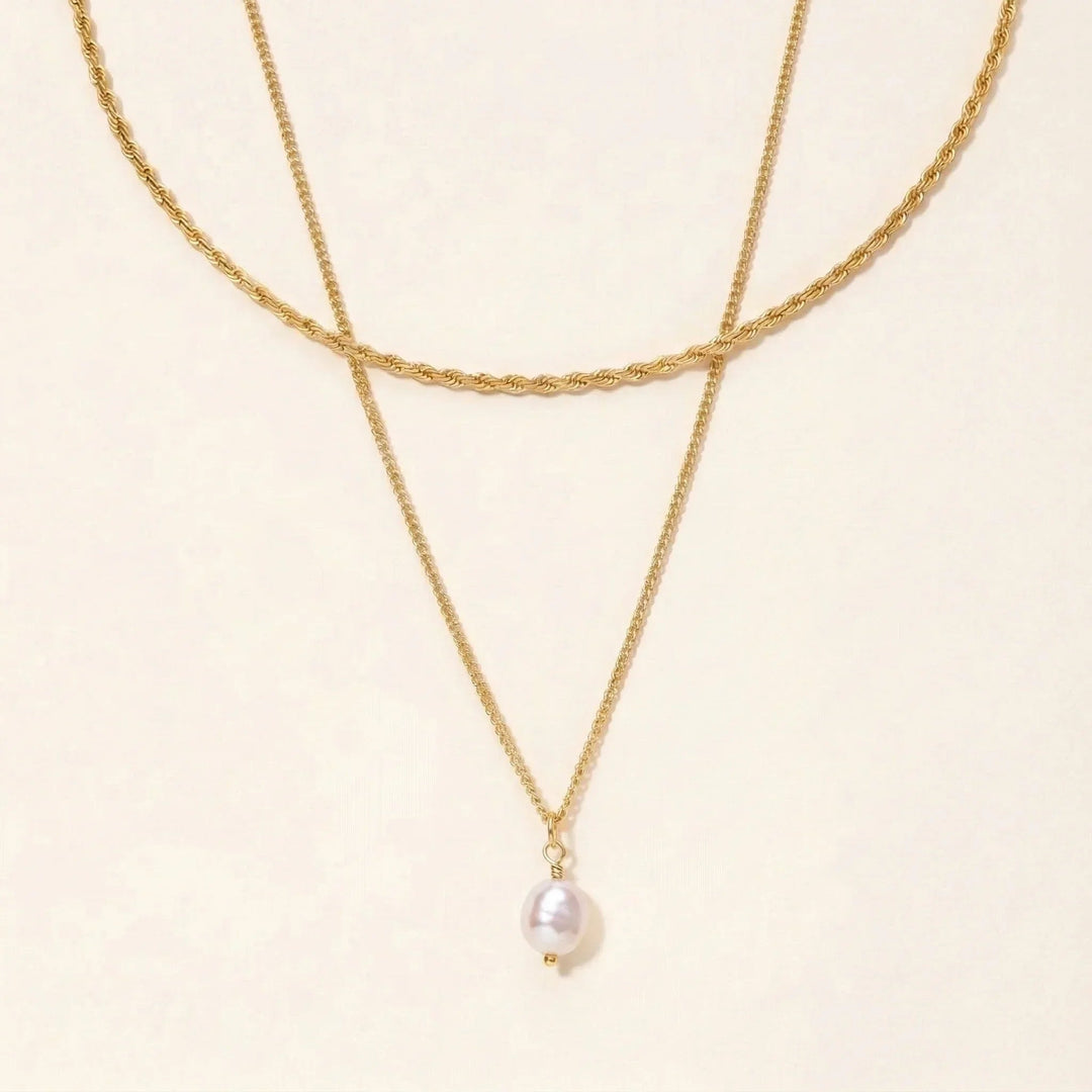 Gold-Plated Faux Pearl Necklace 2-Piece Set with Rope Chain