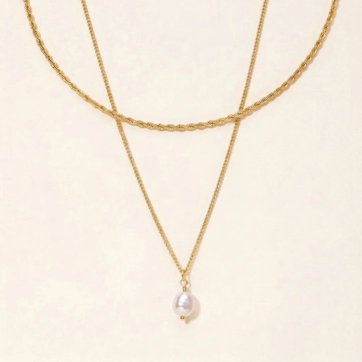 Gold-Plated Faux Pearl Necklace 2-Piece Set with Rope Chain