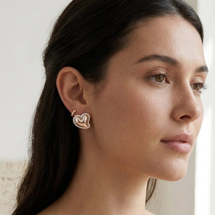 Gold-Plated Cubic Zirconia Heart Stud Earrings for Women