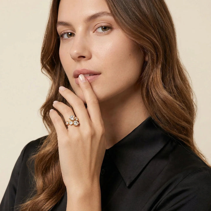 Gold-Plated Adjustable Heart Ring with CZ Stones