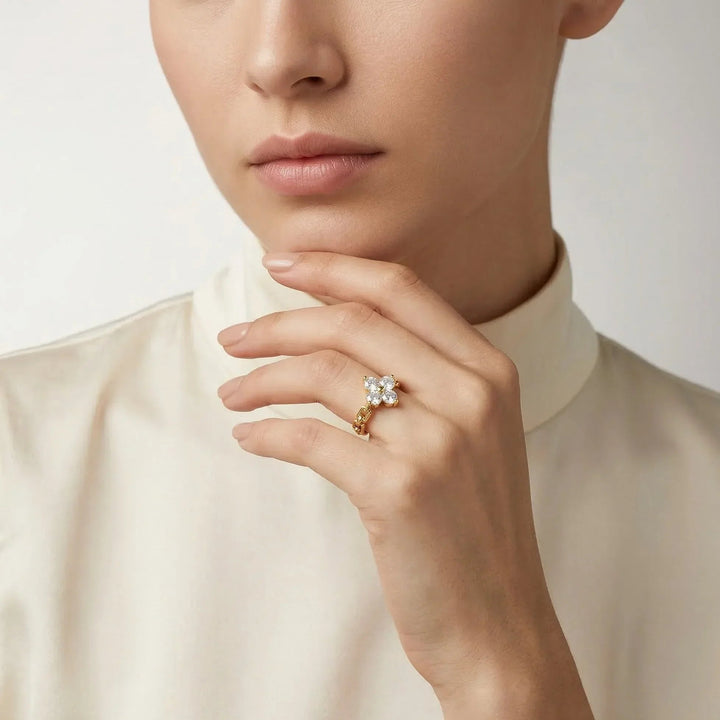 Gold-Plated Cubic Zirconia Floral Ring for Women