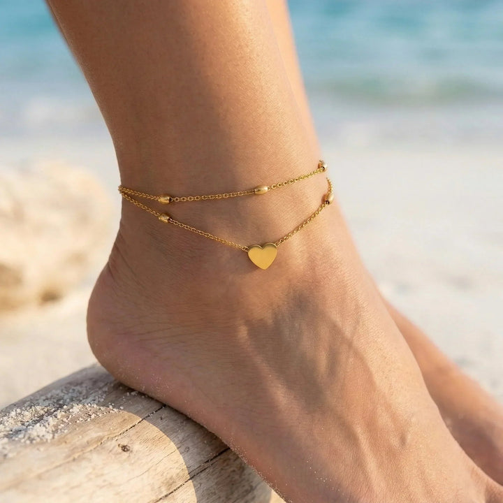 Gold-Plated Anklet with Heart Pendant Chain Adjustable Length