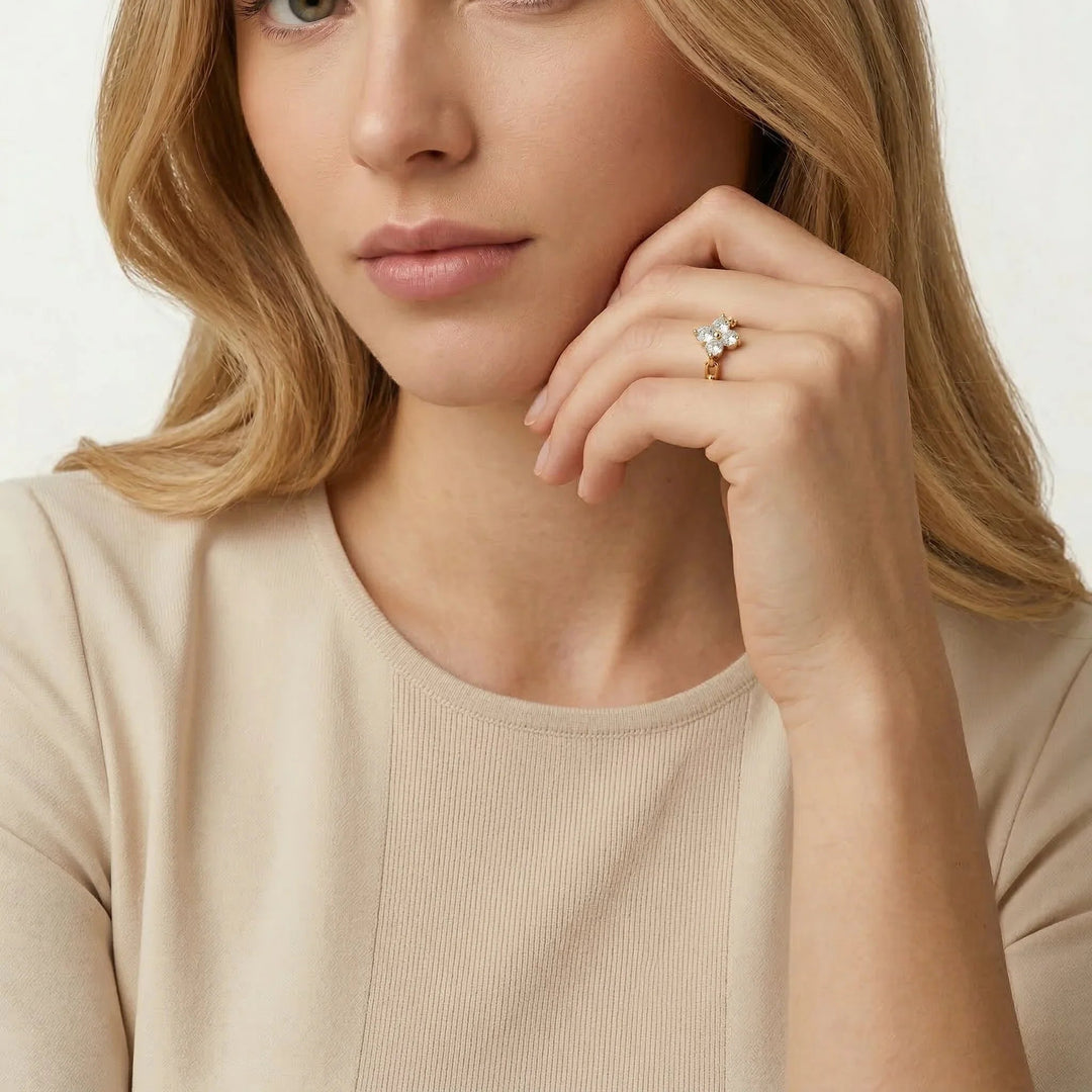 Gold-Plated Cubic Zirconia Floral Ring for Women