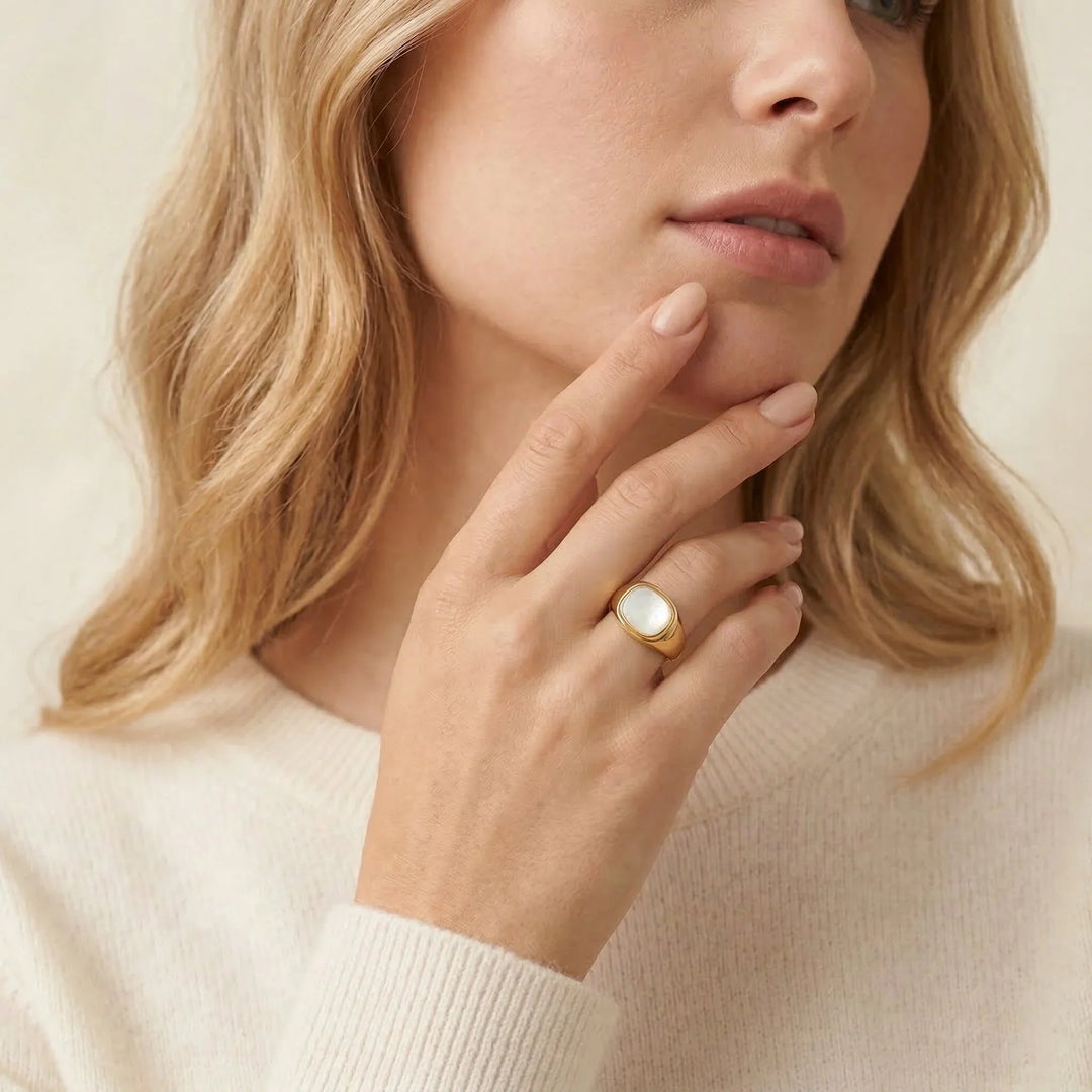 Gold-Plated Faux Shell Signet Ring for Women