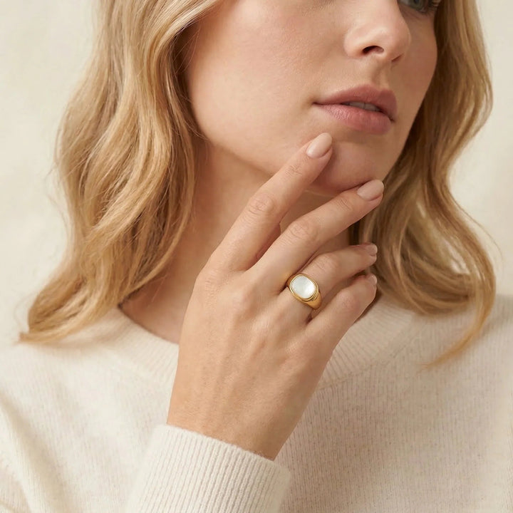 Gold-Plated Faux Shell Signet Ring for Women