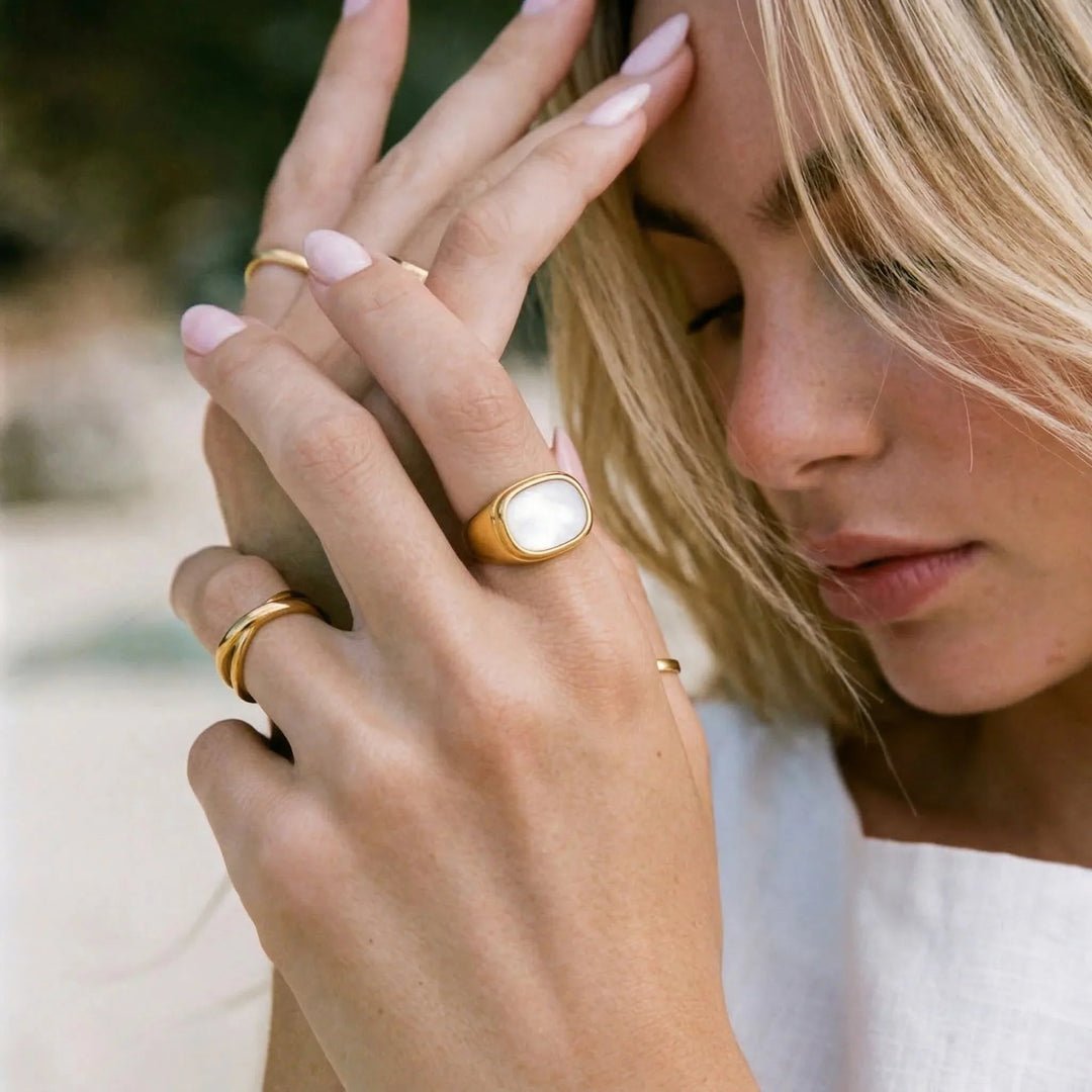 Gold-Plated Faux Shell Signet Ring for Women