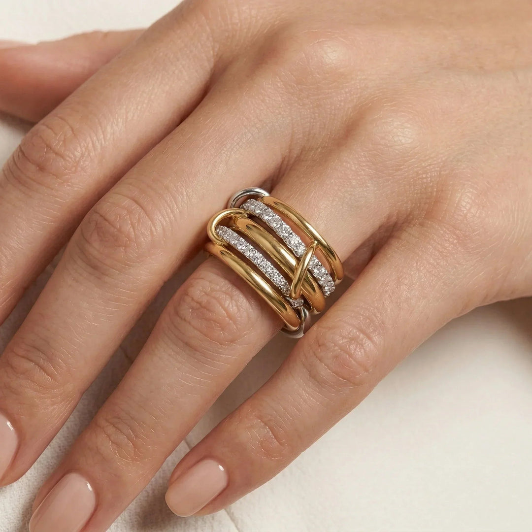Gold-Plated Stacked CZ Ring with Silver-Tone Bands