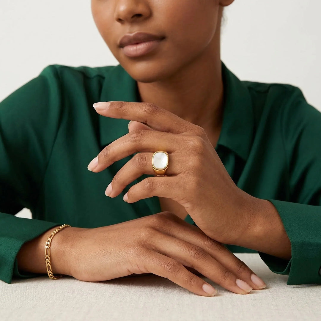 Gold-Plated Faux Shell Signet Ring for Women