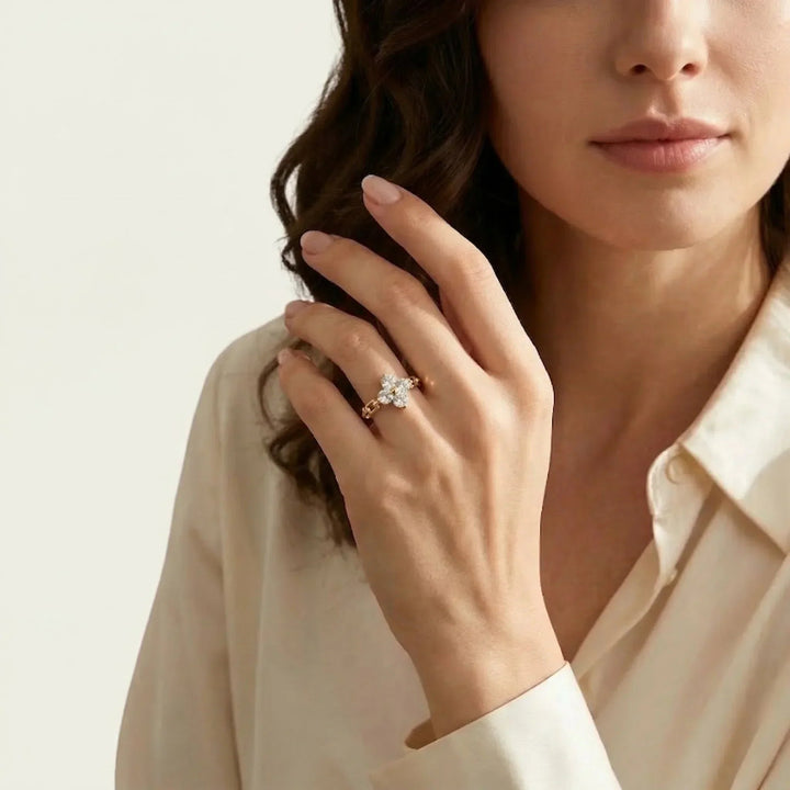 Gold-Plated Cubic Zirconia Floral Ring for Women
