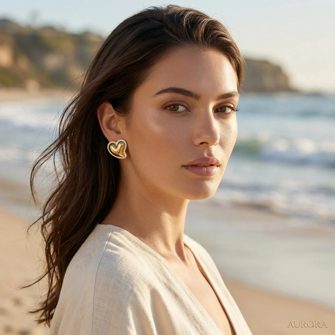 Gold-Plated Cubic Zirconia Heart Stud Earrings for Women