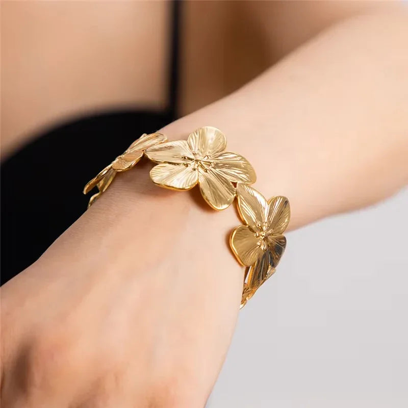 Gold Plated Floral Cuff Bracelet for Women