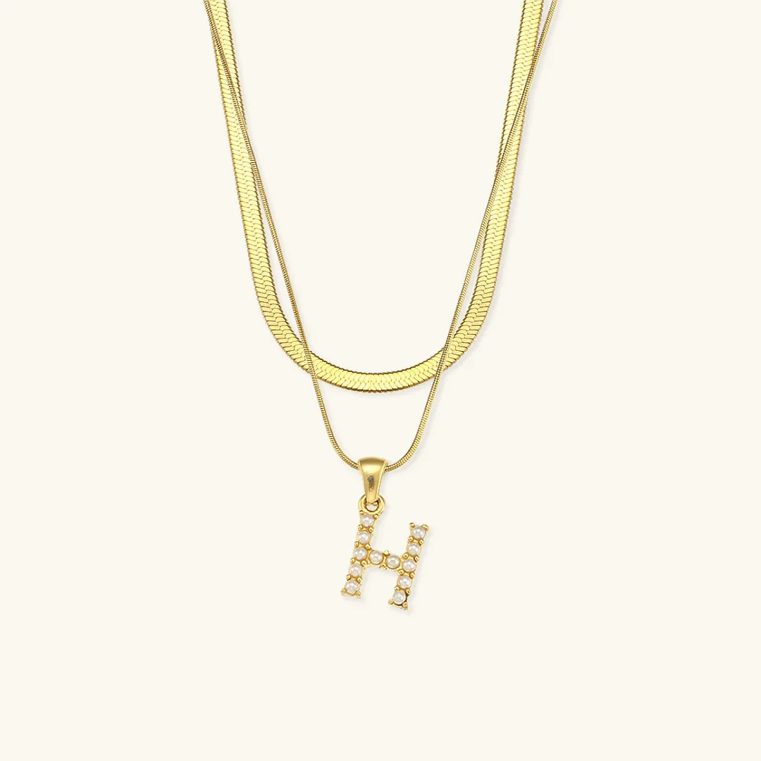 Gold-Plated Layered Initial Letter Necklace with Freshwater Pearls