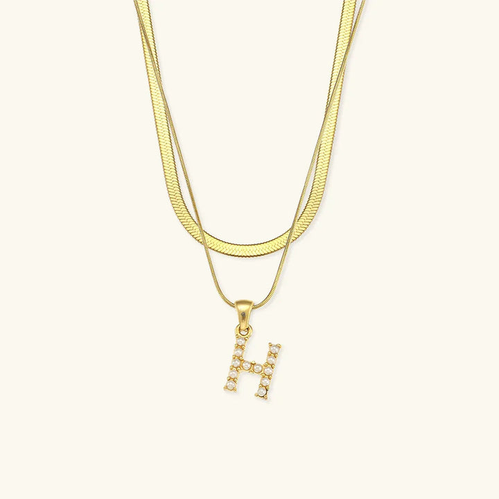 Gold-Plated Layered Initial Letter Necklace with Freshwater Pearls