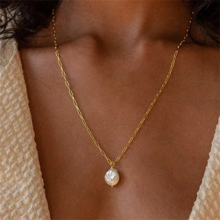 Gold-Plated Faux Pearl Drop Pendant Necklace for Women