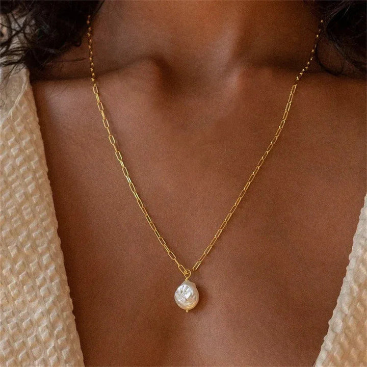 Gold-Plated Faux Pearl Drop Pendant Necklace for Women