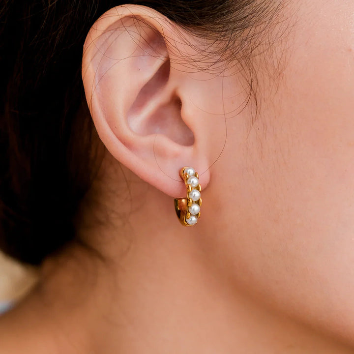 Gold-Plated Faux Pearl Huggie Hoop Earrings Women