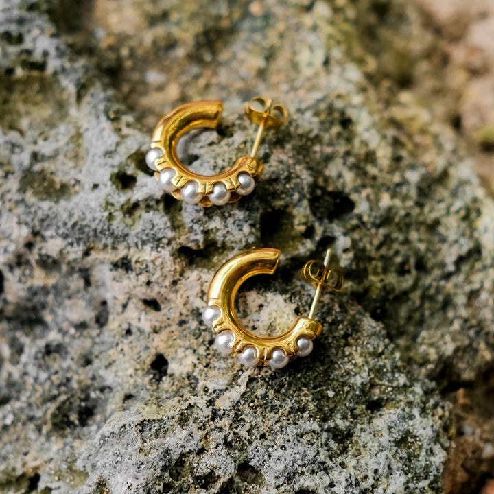 Gold-Plated Faux Pearl Huggie Hoop Earrings Women