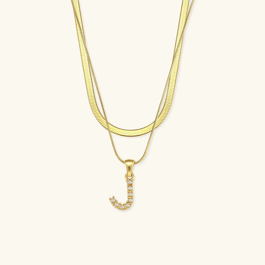 Gold-Plated Layered Initial Letter Necklace with Freshwater Pearls