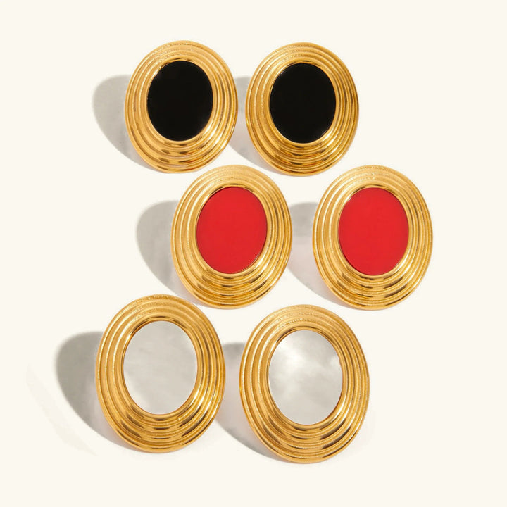 Gold Plated Enamel Stud Oval Retro Earrings for Women