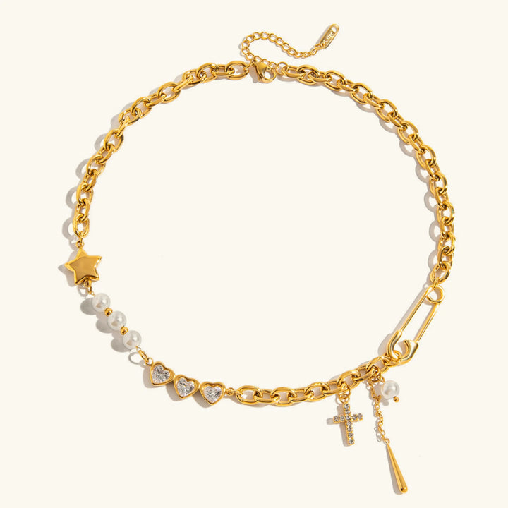 Gold Plated Cubic Zirconia Faux Pearl Chain Necklace for Women