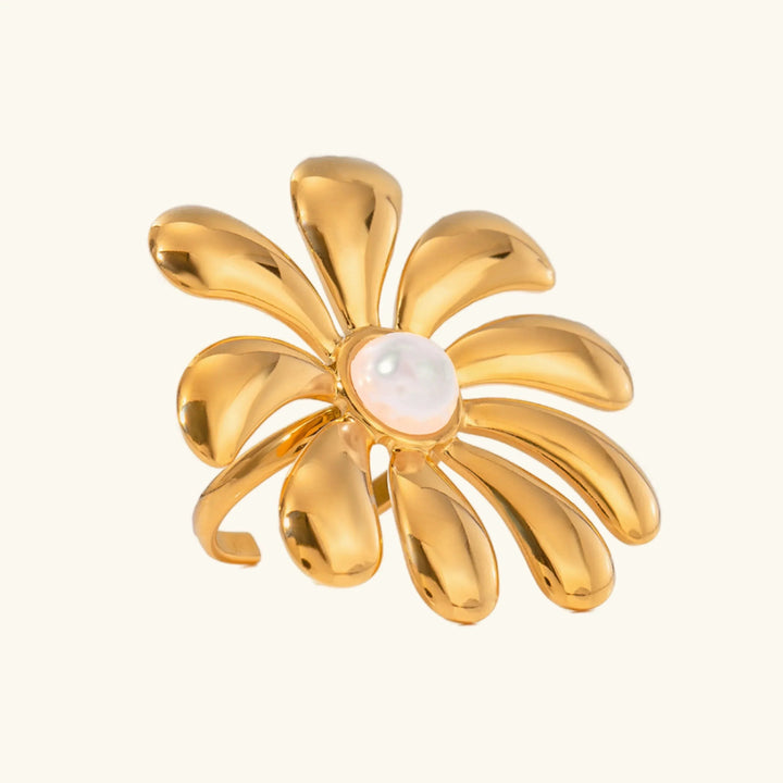 Gold Plated Faux Pearl Flower Statement Ring for Women