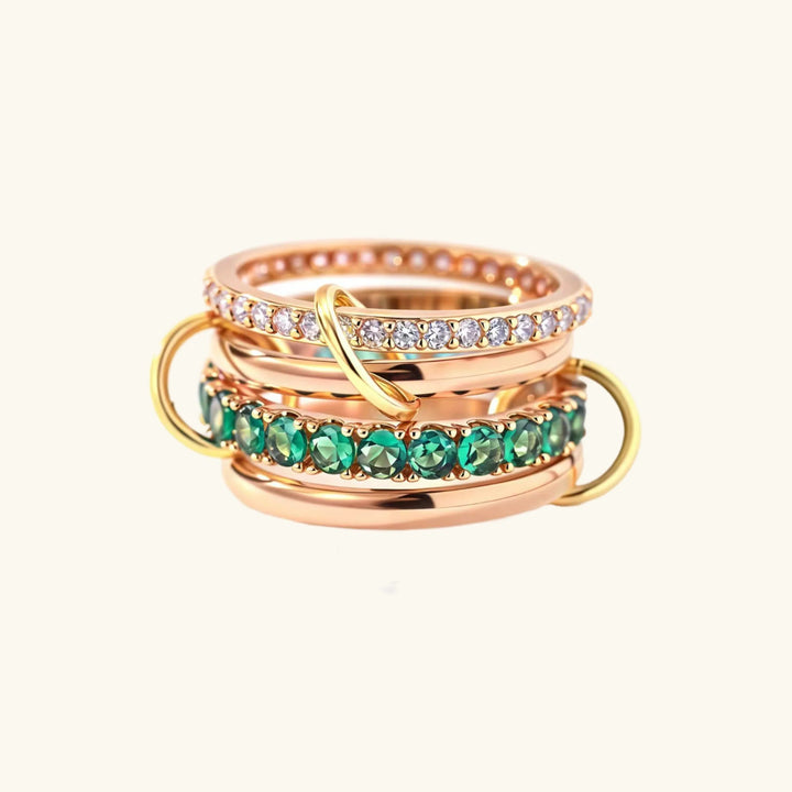 Gold-Plated Stacked CZ Ring with Green Crystal Accents