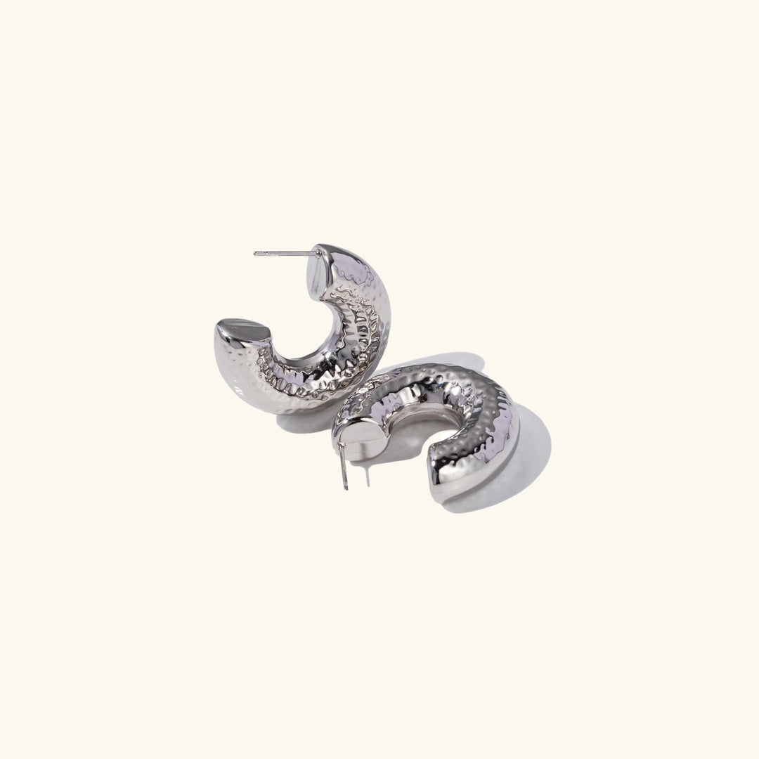 Hammered Stainless Silver Hoop Earrings