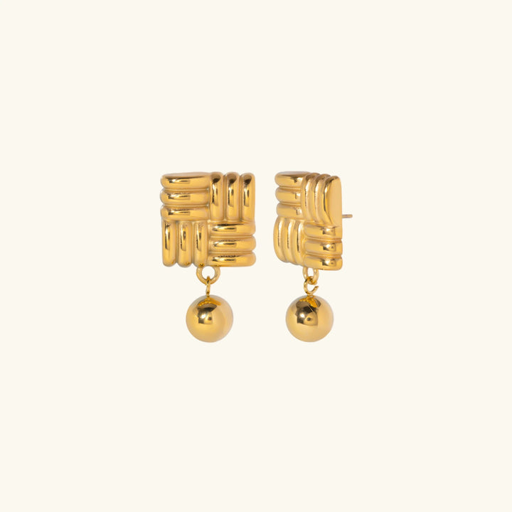 Gold-Plated Crisscross Square Earring and Whimsical Sphere Detail