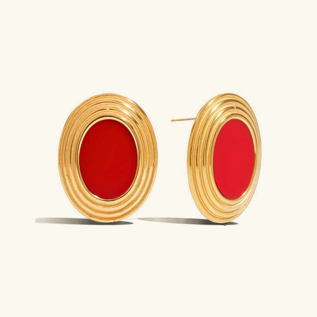 Gold Plated Enamel Stud Oval Retro Earrings for Women