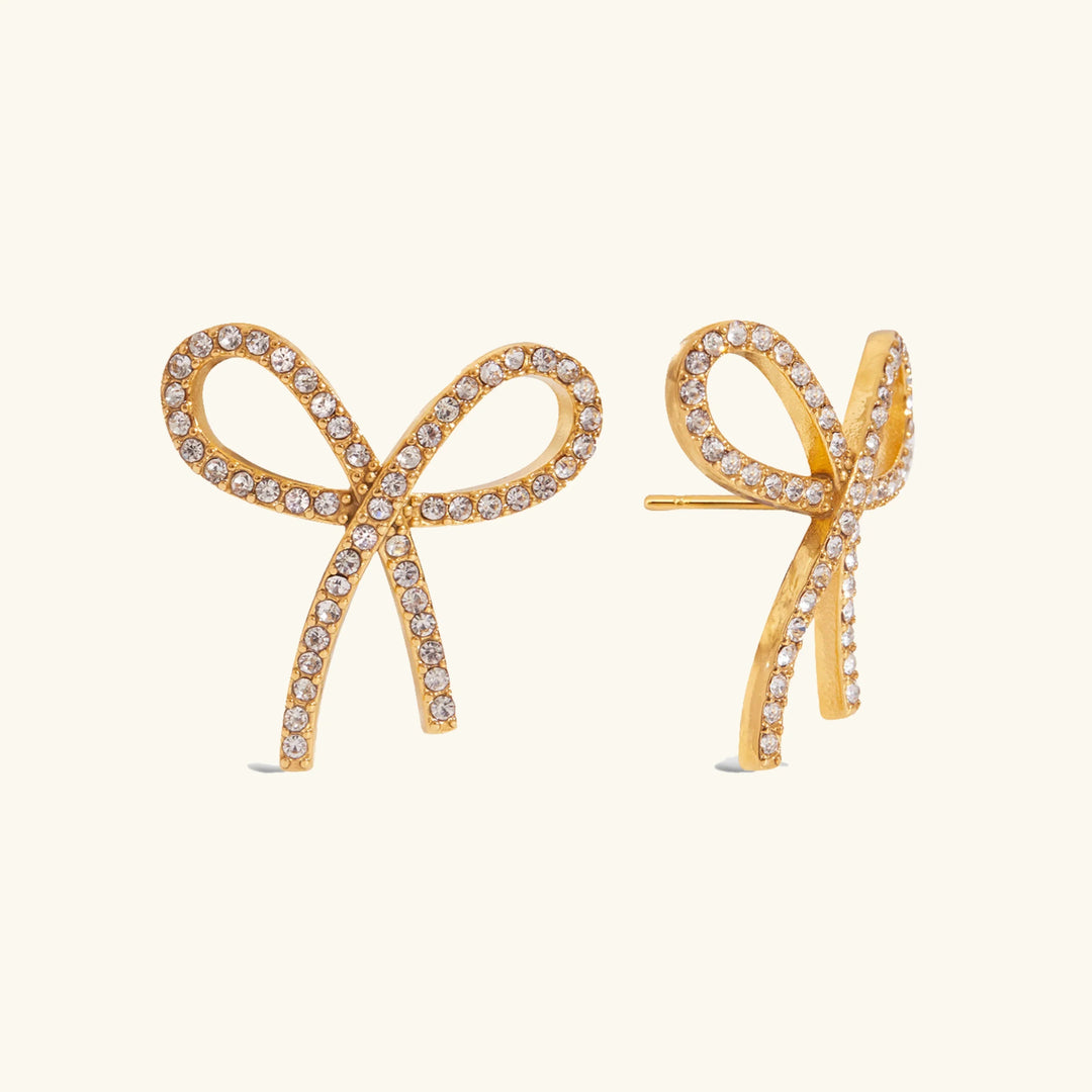 Gold Plated Bow Stud Cubic Zirconia Earrings for Women