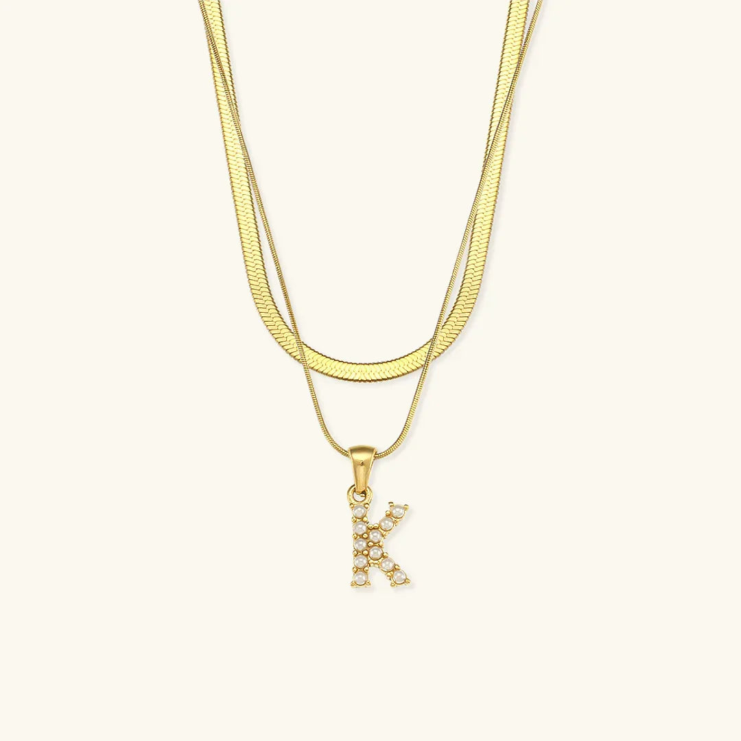Gold-Plated Layered Initial Letter Necklace with Freshwater Pearls