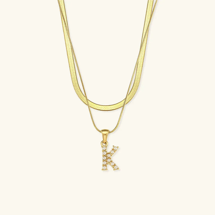 Gold-Plated Layered Initial Letter Necklace with Freshwater Pearls
