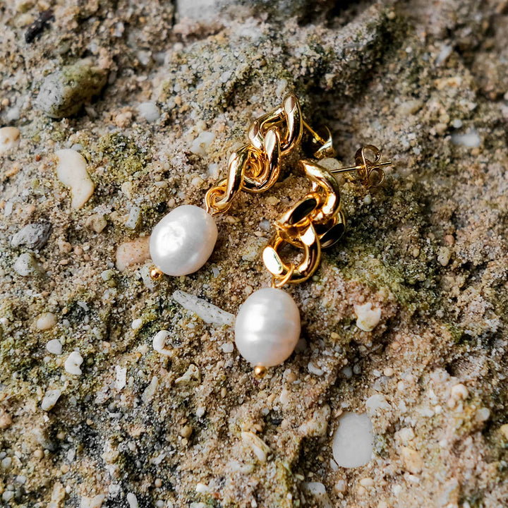 Gold-Plated Faux Pearl Chain Drop Earrings