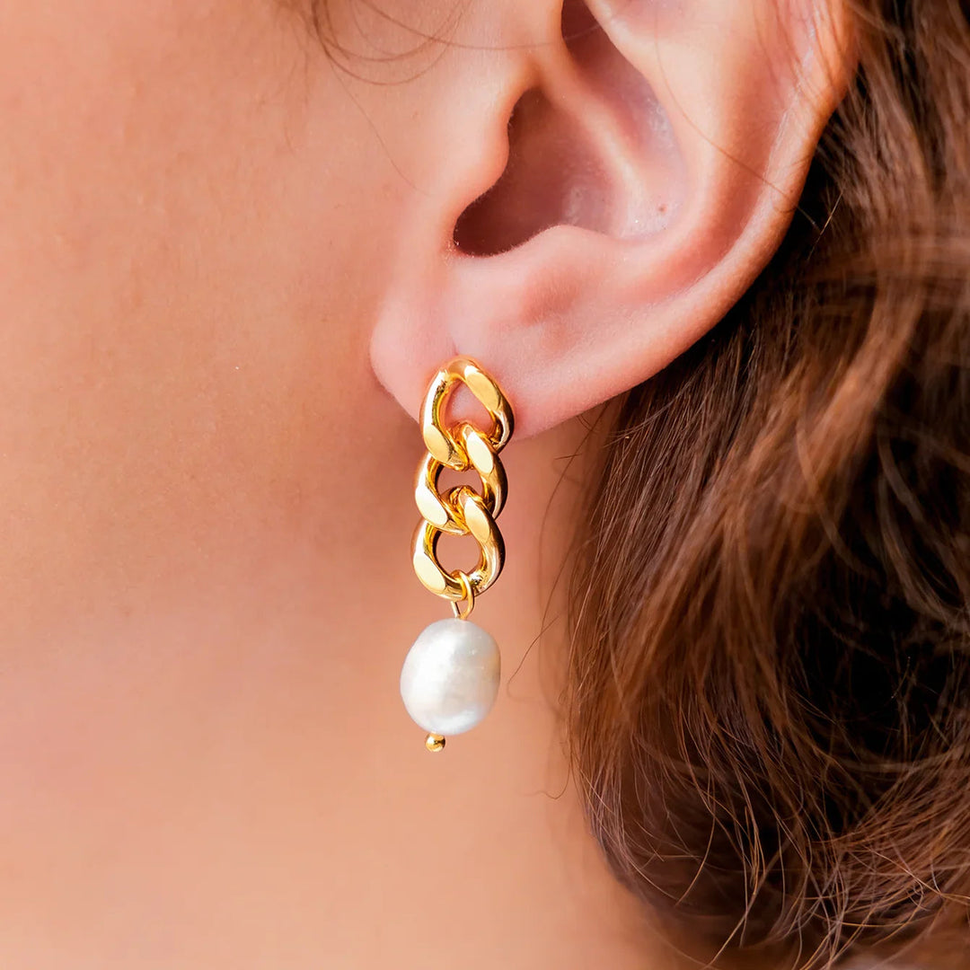 Gold-Plated Faux Pearl Chain Drop Earrings