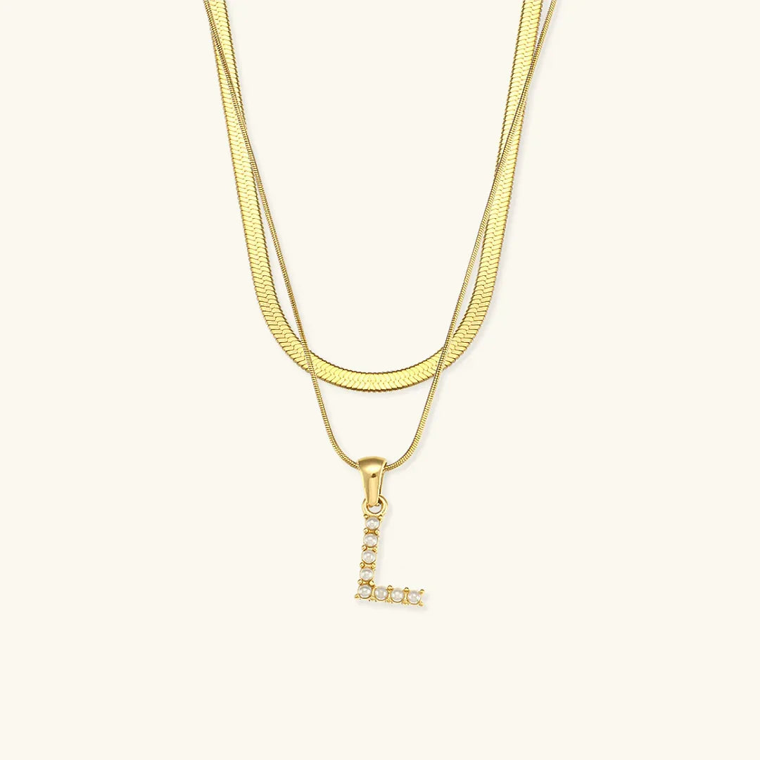 Gold-Plated Layered Initial Letter Necklace with Freshwater Pearls