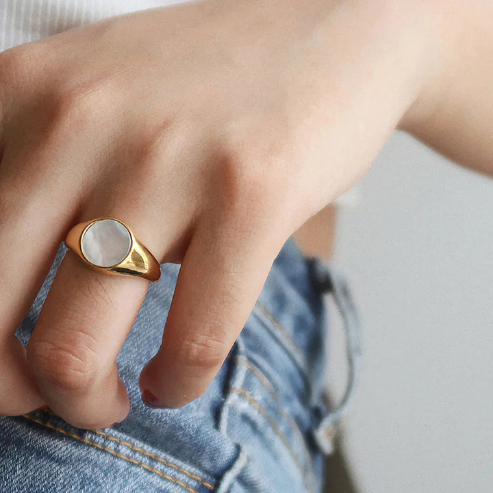 Gold-Plated Faux Pearl Signet Ring