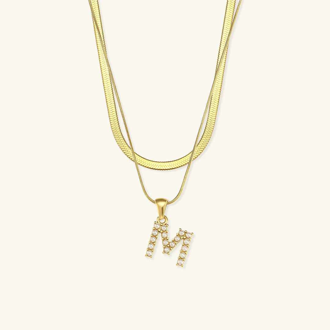 Gold-Plated Layered Initial Letter Necklace with Freshwater Pearls