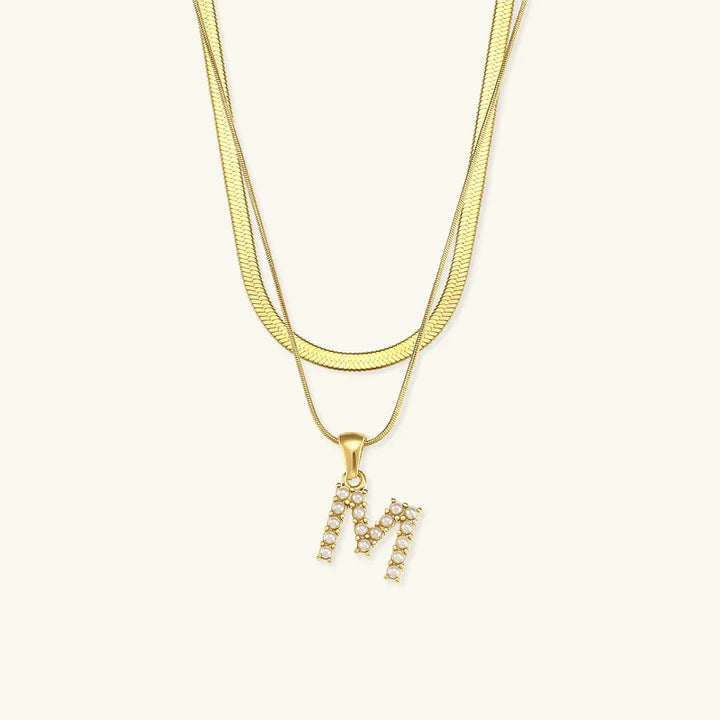 Gold-Plated Layered Initial Letter Necklace with Freshwater Pearls